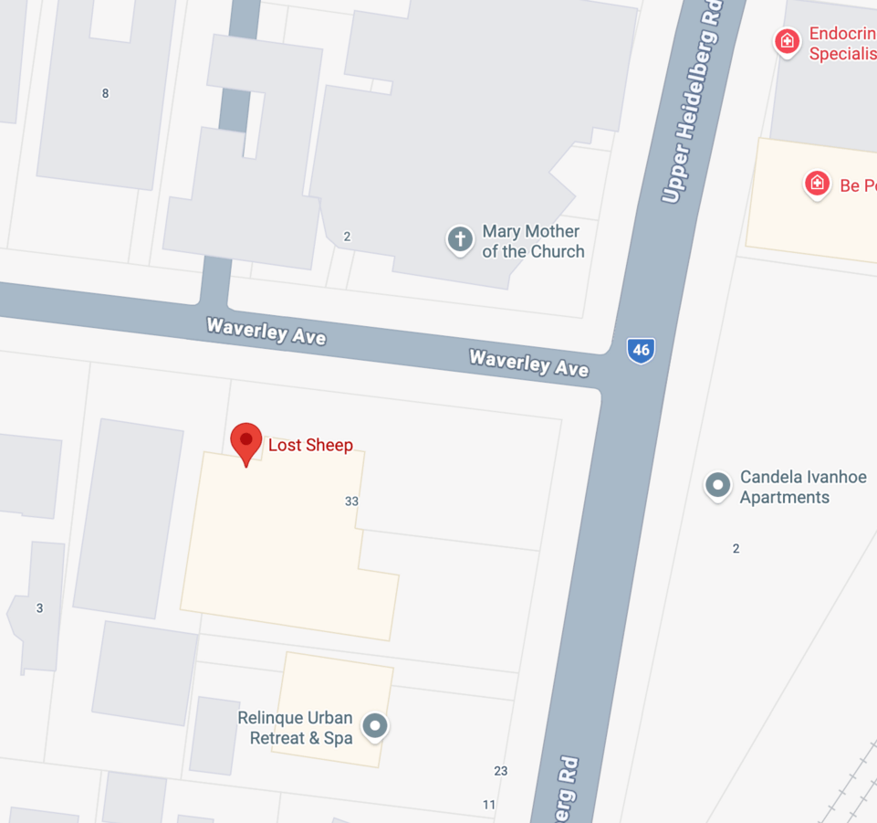 Map showing Lost Sheep Cafe at 1A Waverley Avenue Ivanhoe