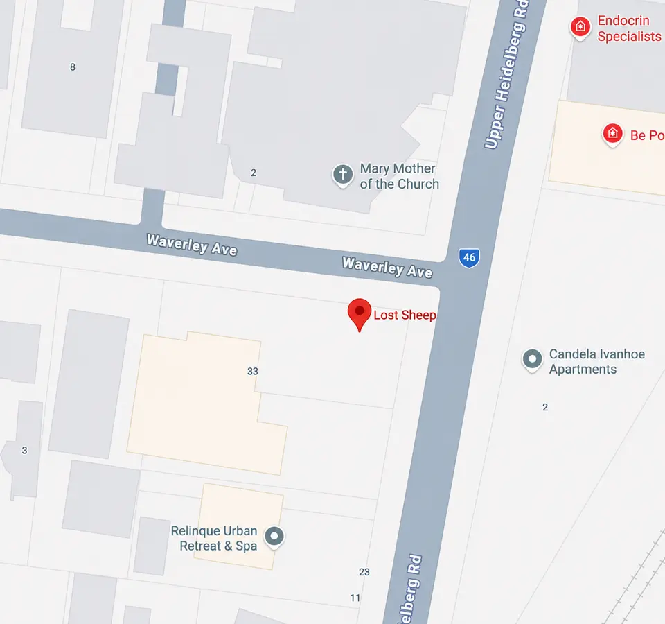 Map showing Lost Sheep Cafe at 1A Waverley Avenue Ivanhoe